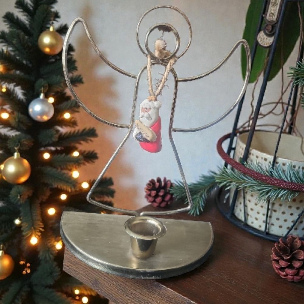 1998 Santa Ornament with  Golden Wire Angel Frame Candel Holder Christmas Decore